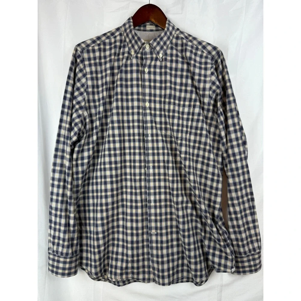 Banana Republic Classic Fit Plaid Button Down Shirt Men's‎ Size L Navy Tan